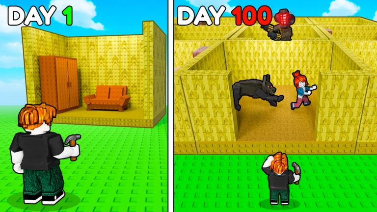 Day 1 and Day 100 promotional comparison of a small room and a large monster maze